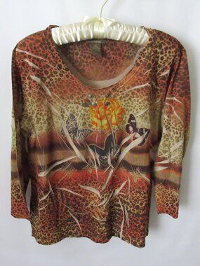 Jane Ashley brown animal print scoop neck 3/4 sleeve tee *Sz M*